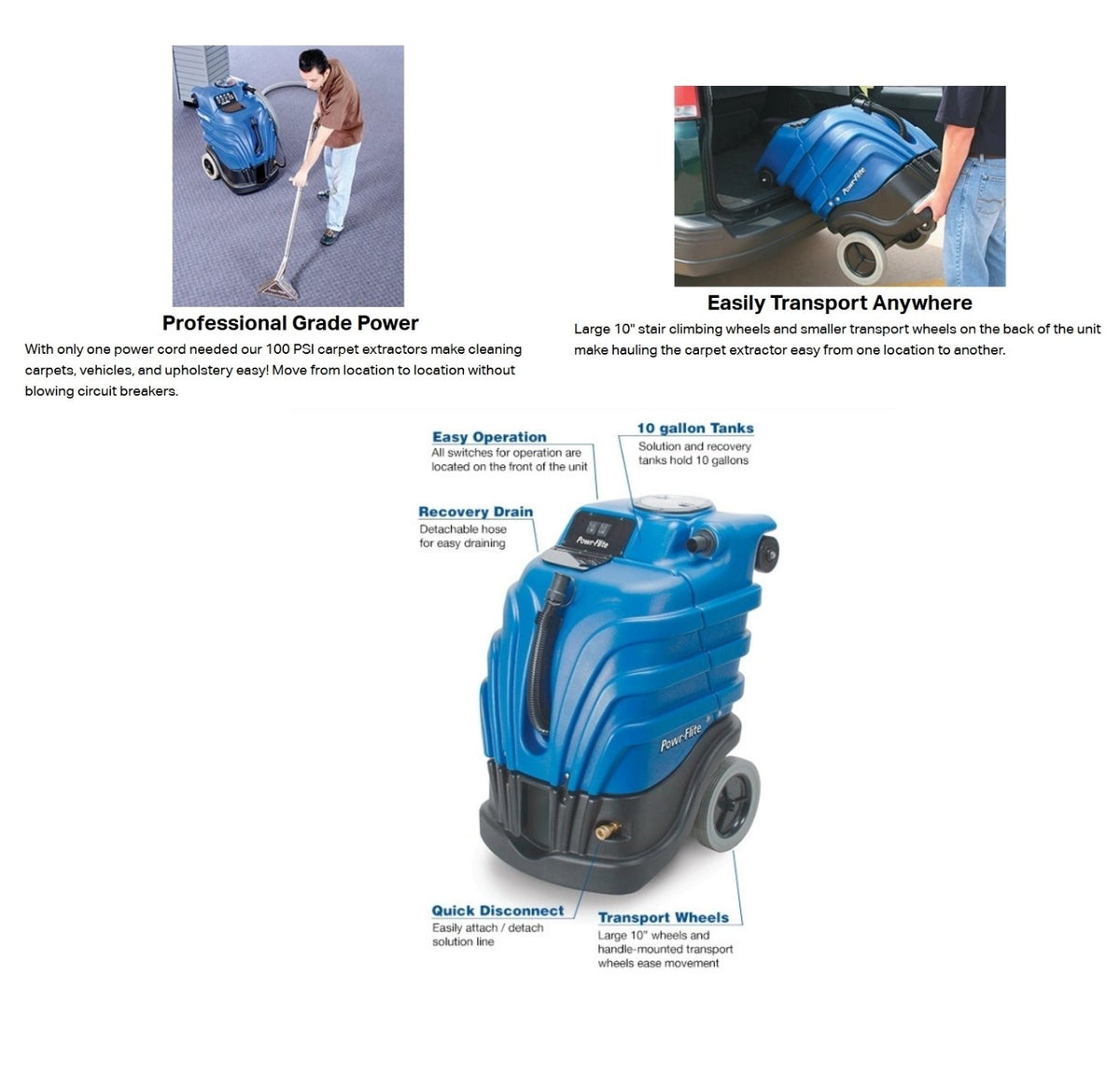 Powr-Flite Carpet Extractor 10 Gallon Non-Heated 100 PSI